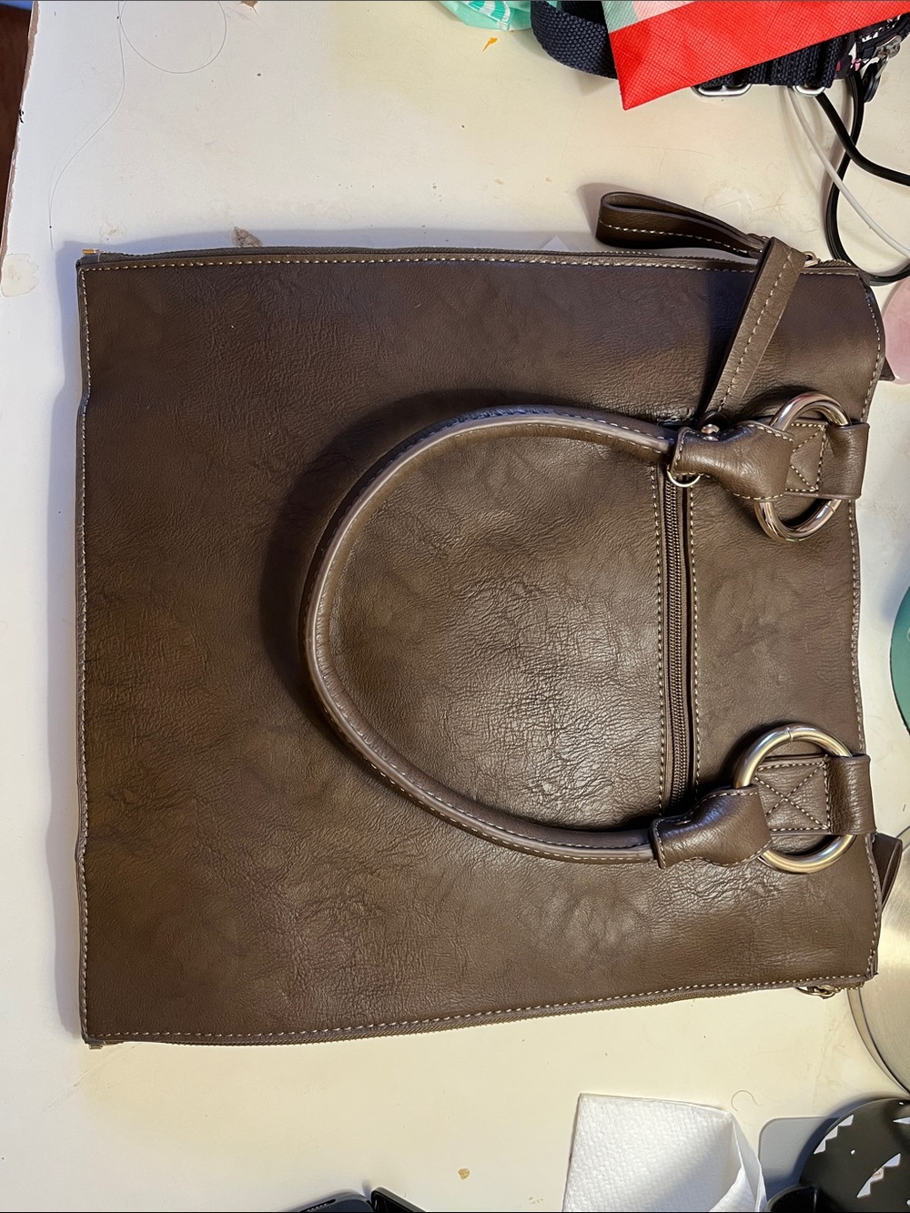 Classic Brown Leatherette Tote Bag with Ring-Trim Handles